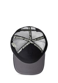 Black cap with a gray bill, featuring a mesh top and white "GOORIN" logo straps across the interior. Adjustable snapback closure included.