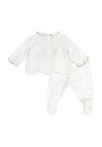 Set per infante bianco composto da una maglietta con bottoni, colletto a scallop e maniche elastiche, abbinata a pantaloni con i piedi a fantasia.