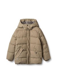 Beiger Steppjacke mit Kapuze, mit gestepptem Design, zwei aufgesetzten Taschen vorne und einem karierten Futter. Hergestellt aus leichtem, isolierendem Material.