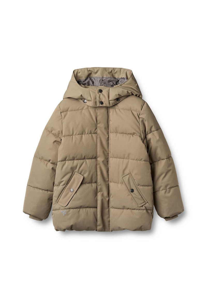 Beiger Steppjacke mit Kapuze, mit gestepptem Design, zwei aufgesetzten Taschen vorne und einem karierten Futter. Hergestellt aus leichtem, isolierendem Material.