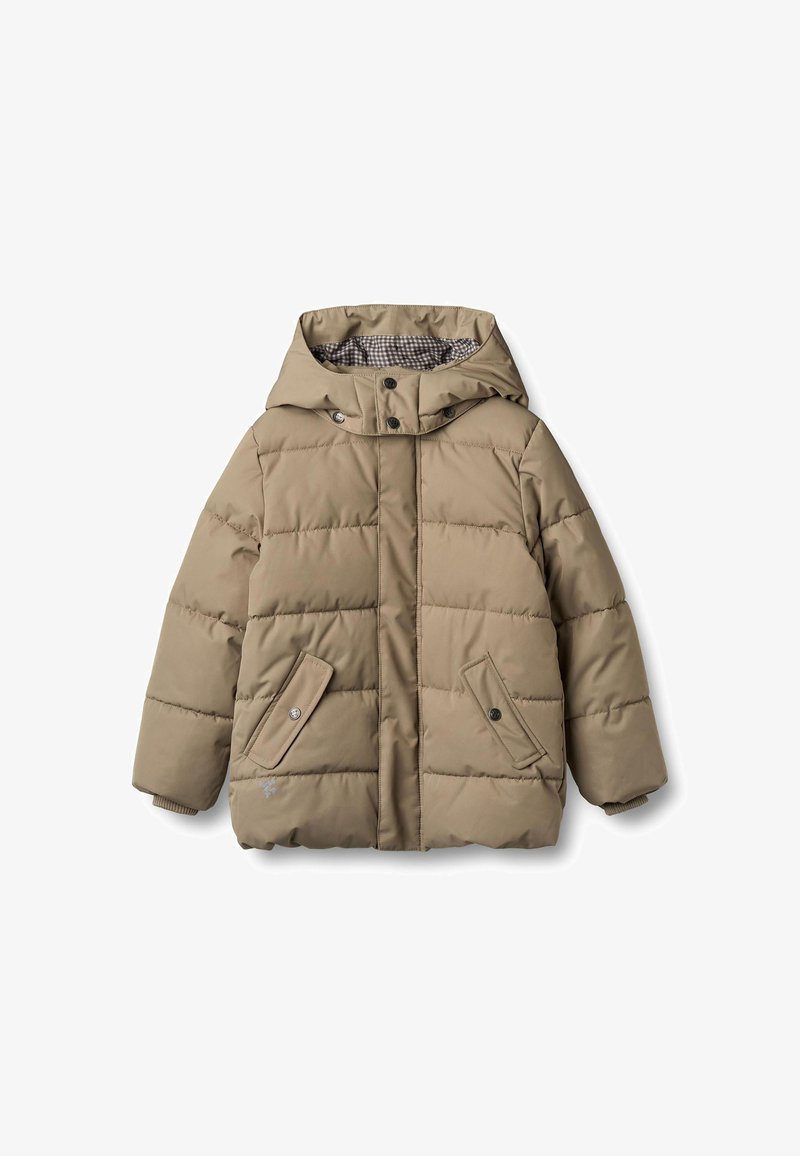 Beiger Steppjacke mit Kapuze, mit gestepptem Design, zwei aufgesetzten Taschen vorne und einem karierten Futter. Hergestellt aus leichtem, isolierendem Material.