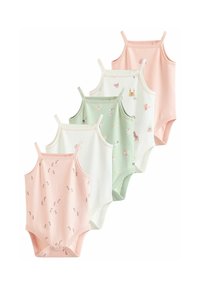 Vijf babybodysuits in diverse pastelkleuren: roze, wit, groen, elk met verschillende prints zoals eenhoorns en vlinders.