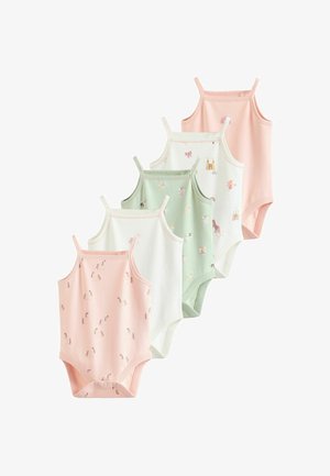 Cinci bodysuituri pentru sugari în culori pastelate assortate: roz, alb, verde, fiecare având imprimeuri diverse, inclusiv unicorni și fluturi.