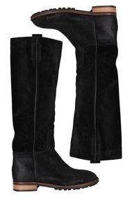 Svarta mocka knähöga stövlar med en slät läderbas, gummisula och träklack. Har en elegant design och minimal sömnad.