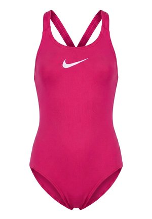 Costume intero rosa con spalline incrociate sulla schiena e logo Nike bianco al centro del petto.