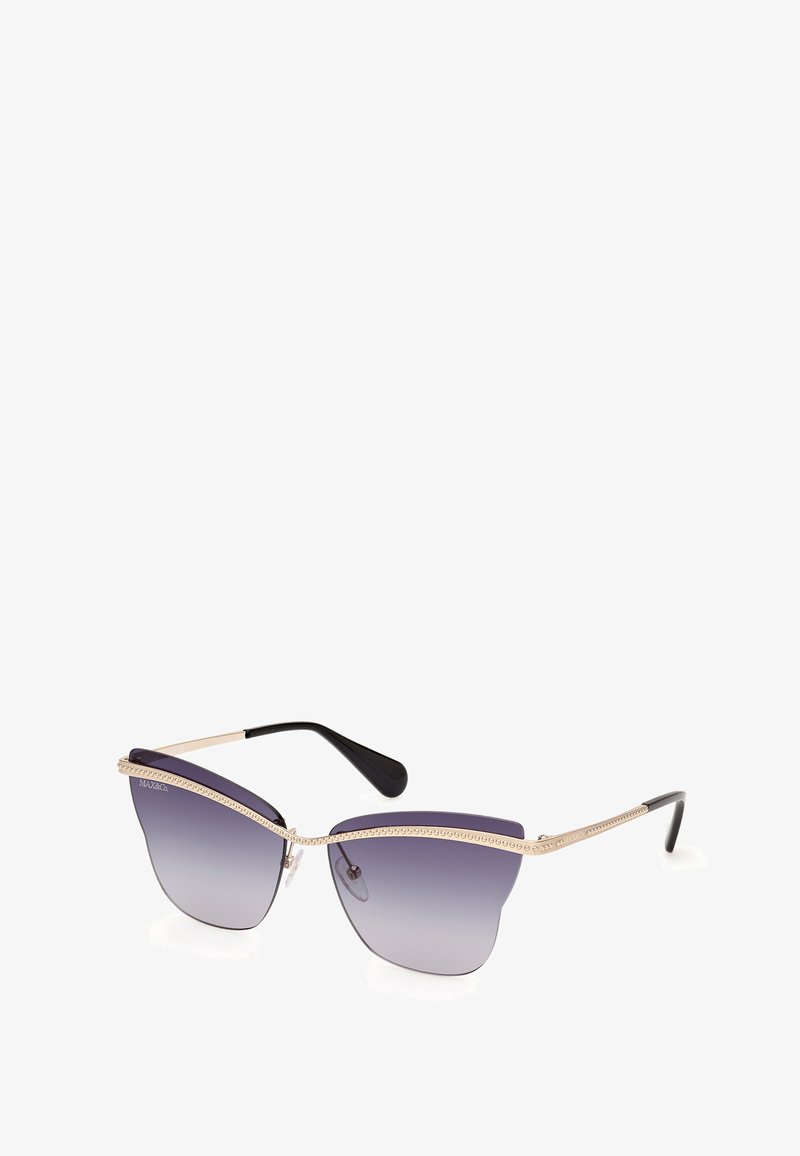Cat-eye sunglasses with gradient violet lenses, gold metal accents, and black temples featuring decorative detailing along the browline.