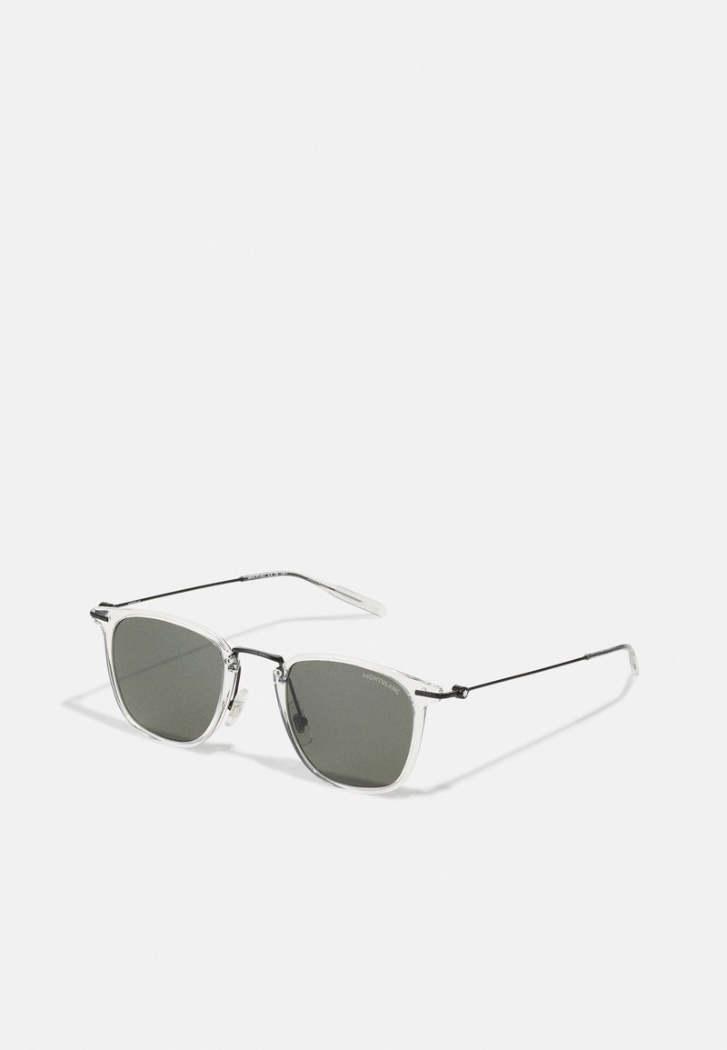 Sonnenbrille mit transparentem Rahmen, grauen getönten Gläsern und schwarzen Metallakzenten. Besitzt eine klassische, geometrische Form mit verstellbaren Nasenpolstern.
