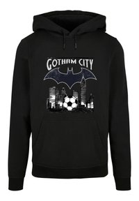 Fekete kapucnis pulóver, grafikai elemmel, amelyen a "Gotham City", egy denevérszimbólum és egy focilabda látható, egy városkép háttérrel. Puha anyag, elülső zseb.