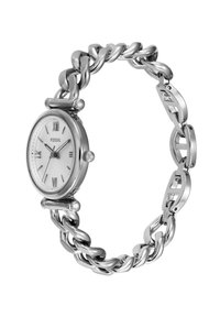 Montre fossile argentée avec un cadran rond, un cadran blanc, des chiffres romains et un bracelet en chaîne épaisse. Fini en métal poli, design classique.