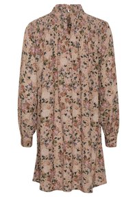 Robe à manches longues à motif floral beige, ornée de fleurs rose pâle, vertes et noires. Tissu texturé avec une légère brillance et poignets froncés.