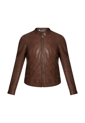 Veste en cuir marron avec un devant zippé, un col montant et deux poches zippées. Présente une texture lisse et un design minimaliste.