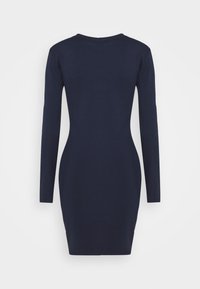 Mörkblå långärmad figurnära klänning med rund halsringning, slät textur och med längd fram till mitten av låret. Inga synliga mönster eller detaljer.