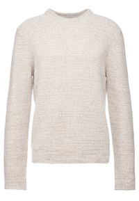 Beiger Strickpullover mit Rundhalsausschnitt, langen Ärmeln und einem strukturierten, leicht melierten Muster. Keine sichtbaren Verzierungen.