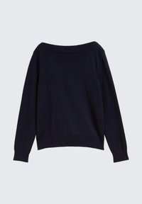 Dunkelmarineblauer langärmeliger Pullover mit einem breiten gerippten Rundhalsausschnitt sowie gerippten Bündchen und Saum, flach auf einem hellen Hintergrund ausgelegt.