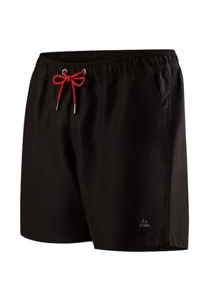 Men's black swim shorts made of lightweight fabric, featuring an elastic waistband with red drawstring, side pockets, and a logo detail.