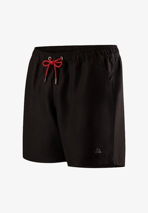 Shorts de bain noirs pour hommes en tissu léger, avec une taille élastique et un cordon rouge, des poches latérales et un détail de logo.