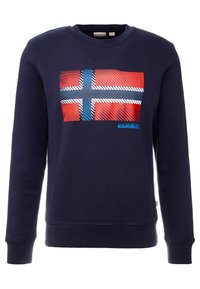Felpa blu navy con un design testurizzato della bandiera norvegese in rosso, bianco e blu. Presenta un collo a giro e polsini e orlo a costine.