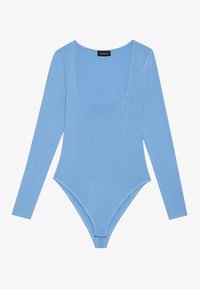 Lyseblå langermet bodysuit laget av et mykt, elastisk stoff med firkantet utringning og en tettsittende silhuett, med trykknappåpning nederst.