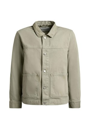 Světlá béžová bavlněná bunda s límcem, zapínáním na přední knoflíky, dlouhými rukávy a dvěma velkými předními našitými kapsami.