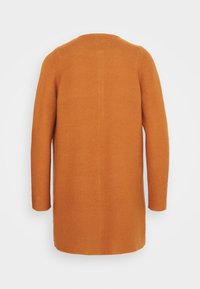 Cardigan en tricot à manches longues couleur orange brûlé avec un ourlet droit, vu de dos sur un fond blanc uni.