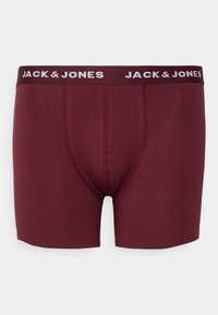 Burgunderfarbene Herren-Boxershorts aus weichem Stoff, mit enger Passform, kontrastierendem Bund mit "JACK & JONES"-Logo und einfachem Design.