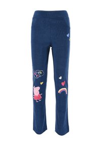 Hose aus einem Baumwollgemisch in Marineblau mit elastischem Bund. Verziert mit bunten Drucken von "Peppa Pig", Herzen und einem Regenbogen.