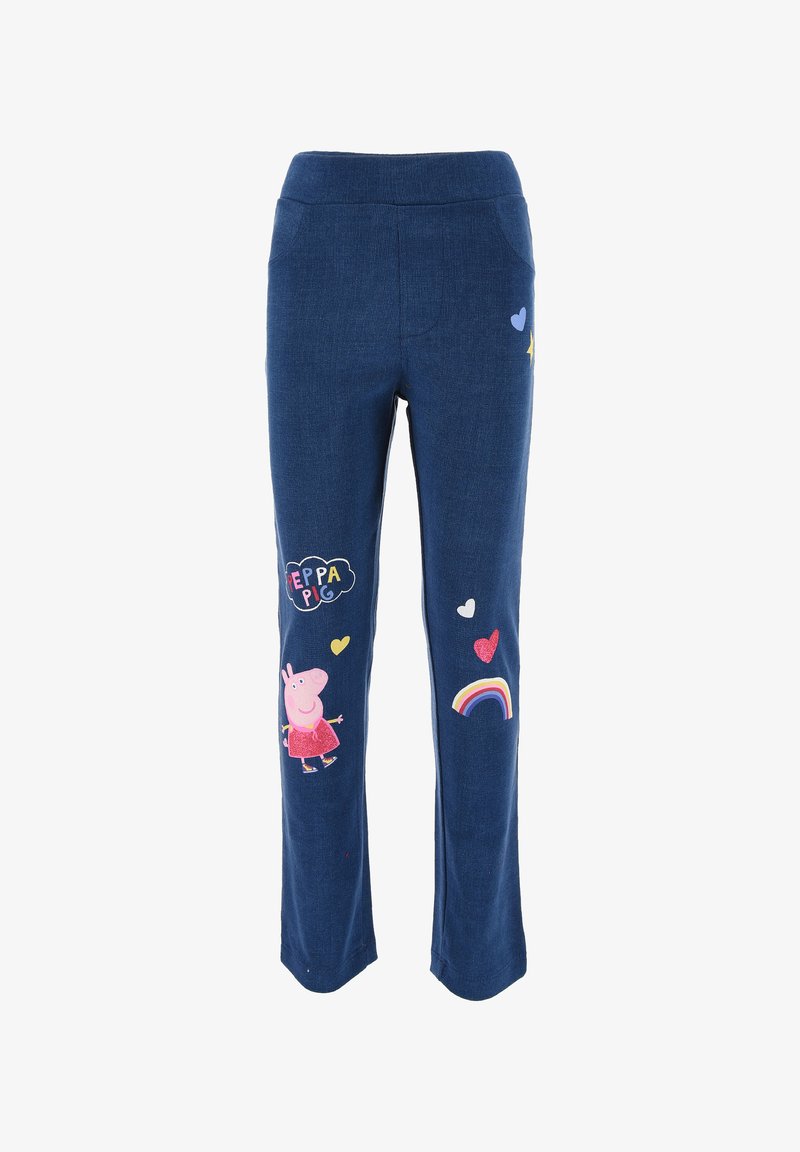 Hose aus einem Baumwollgemisch in Marineblau mit elastischem Bund. Verziert mit bunten Drucken von "Peppa Pig", Herzen und einem Regenbogen.