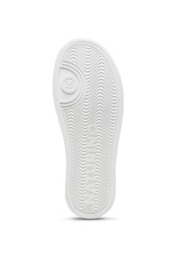Biała gumowa podeszwa z falistym wzorem i wytłoczonym logo. Zaokrąglone krawędzie palców i pięty, z oznaczeniem rozmiaru "25".