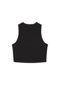 Svart ärmlös crop top som är tillverkad av mjukt bomullstyg, med rund hals och rena sömmar, med en minimalistisk design.