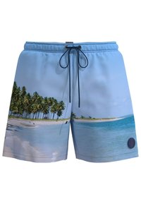 Helle blaue Badehose mit einem Strandmotiv und Palmen. Hergestellt aus glattem Material mit einem verstellbaren Bund und einem Logo-Patch.