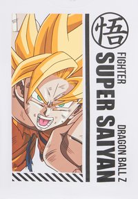 Biała koszulka z grafiką postaci o wystających blond włosach, żywozielonych oczach oraz wyraźnym napisem "Super Saiyan Dragon Ball Z".
