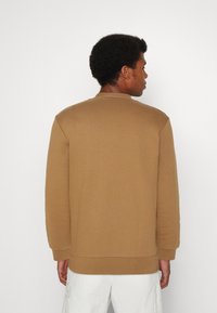Bruine katoenen sweatshirt met lange mouwen, ronde hals en geribbelde manchetten. Fijne textuur, eenvoudig ontwerp en geen zichtbare patronen of versieringen.