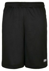 Shorts de sport noirs en tissu mesh, dotés d'une taille élastique, d'une coupe décontractée et d'un petit logo blanc sur le bas de l'ourlet.