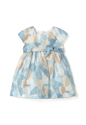 Light blue dress with abstract floral patterns in beige and darker blue. Features cap sleeves and a bow accent on the waistline.