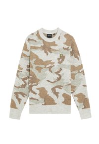 Beige und grauer Pullover im Camouflage-Muster mit rundem Ausschnitt und langen Ärmeln. Mit einem gelben gestickten Logo auf der Brust.