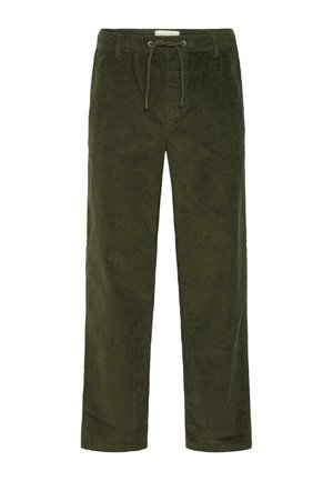 Olivenfargede kordpants med elastisk midjebånd, snøring og rett ben med en teksturert ribbet mønster.