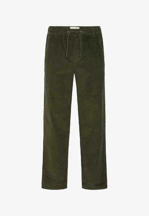Olive green corduroy pants with an elastic waistband, drawstring closure, and straight legs featuring a textured ribbed pattern.