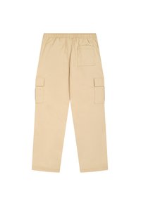 Pantaloni cargo beige con un design a gamba larga, vita elastica e diverse tasche laterali. Tessuto morbido, stile casual.