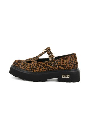 Scarpa Mary Jane con suola spessa, stampa leopardata marrone e nera, cinturino con fibbia e logo del brand sulla robusta suola nera.