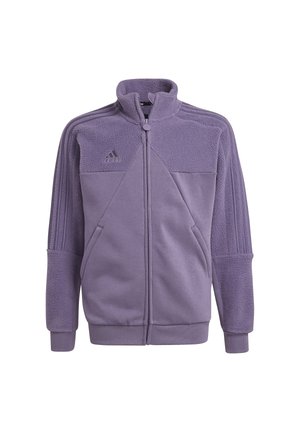 Lilla fleece zip-jakke med høj krave, struktureret paneldesign og tre striber på ærmerne. Har sidelommer.