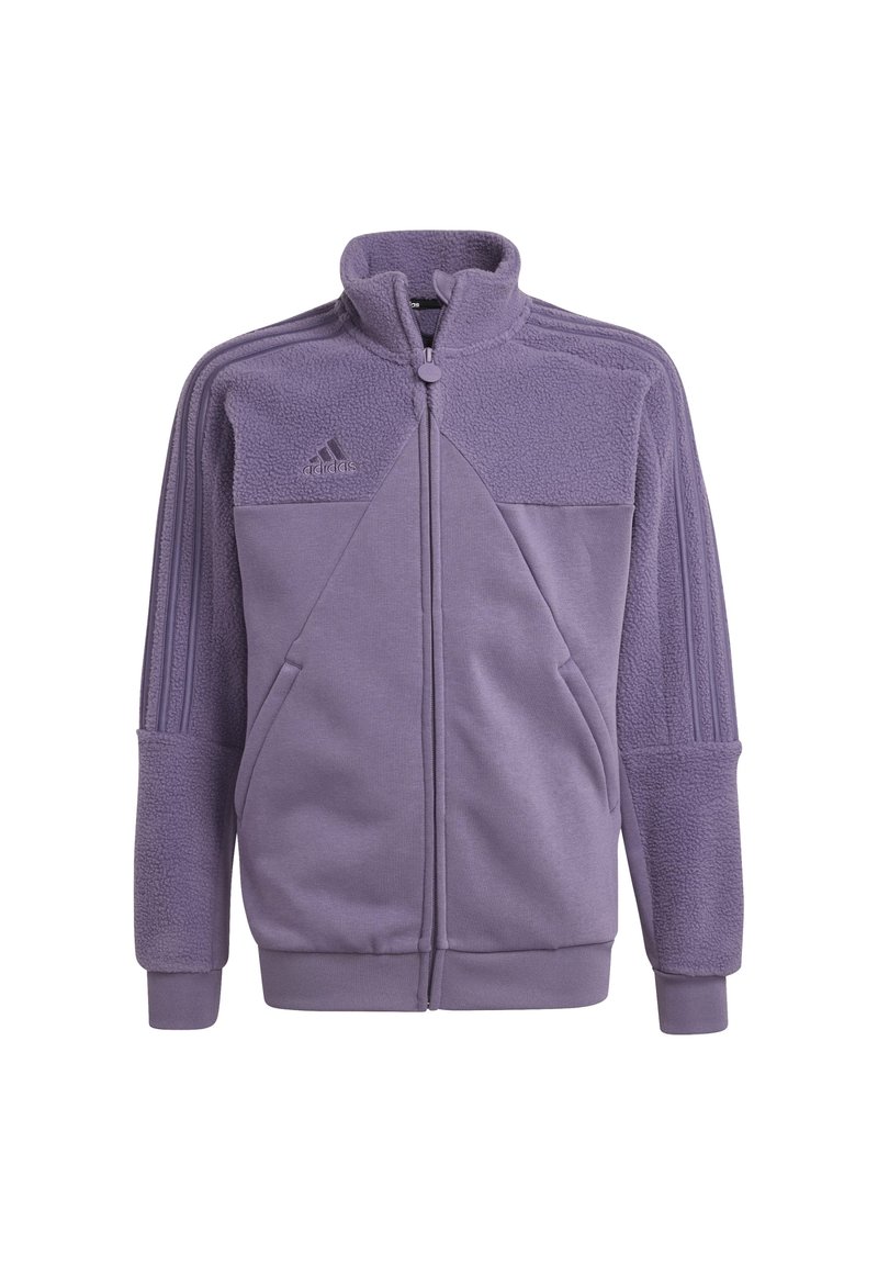 Lila fleece zip-up jacka med hög krage, texturerad panel och tre stripe-accents på ärmarna. Har sidofickor.