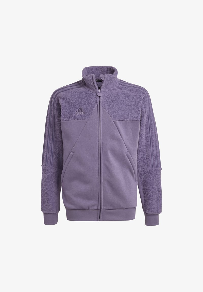 Fialová fleecová zipová bunda s vysokým límcem, texturovanými panely a třemi pruhy na rukávech. Obsahuje boční kapsy.