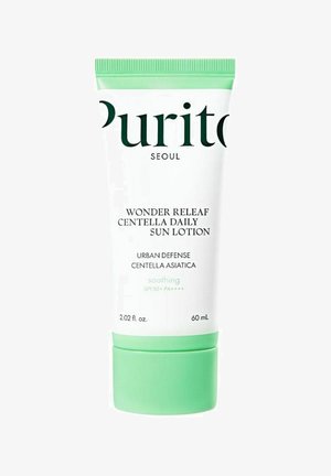 Purito Wonder Releaf Centella Daily Sun Lotion Tube, SPF 50+ PA++++, 60 ml, grüner Verschluss, weiße und grüne Verpackung, beruhigende Formel.