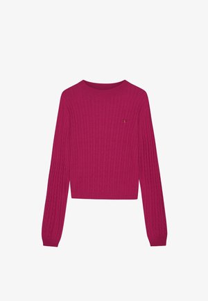 Fuchsia kabelgebreide trui met een ronde halslijn en lange mouwen; heeft geribbelde manchetten en zoom, en een klein logo detail op de borst.