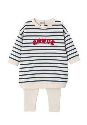 Cream and navy striped long-sleeve dress with red "AMOUR" and heart on front, paired with matching cream ribbed leggings.