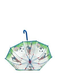 Clear dome umbrella with blue metal frame, featuring green and soccer-themed graphic patterns on the canopy. Red accents on the ribs.
