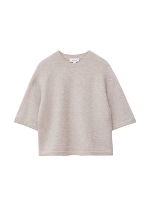 Helle beige Sweater aus weichem Material mit rundem Ausschnitt, kurzen Raglanärmeln und lockerer Passform. Keine sichtbaren Muster oder Akzente.