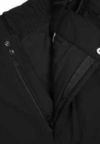 Zwarte skibroek met een elastische tailleband, voorzien van een ritszak aan de voorkant, platte naden en een gladde, gestructureerde stof.