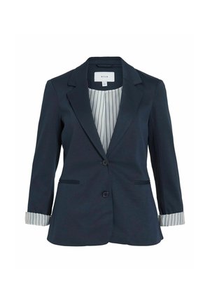Marineblauwe damesblazer met twee knopen, notch lapel, lange mouwen opgerold om de wit en marineblauwe gestreepte voering te onthullen.