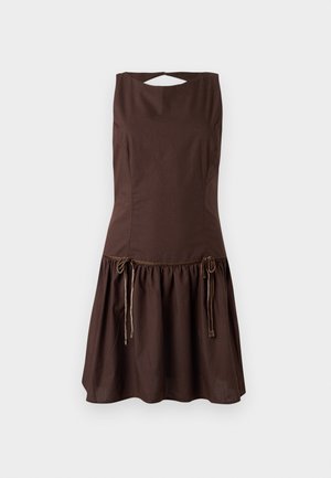 Brown sleeveless dress with a fitted bodice and flared skirt. Features drawstring details at the waist and an open back design.